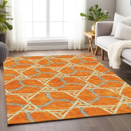 Orange Ivory And Blue Geometric Washable Area Rug With UV Protection Photo 4