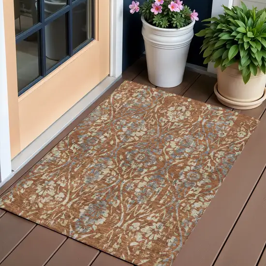 Orange Ivory And Dark Gray Floral Washable Indoor Outdoor Area Rug Photo 1