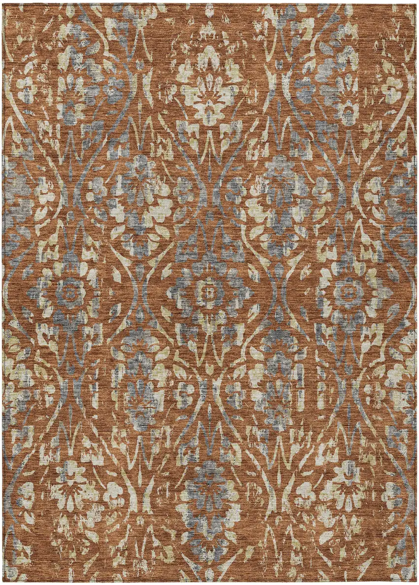 Orange Ivory And Dark Gray Floral Washable Indoor Outdoor Area Rug Photo 2