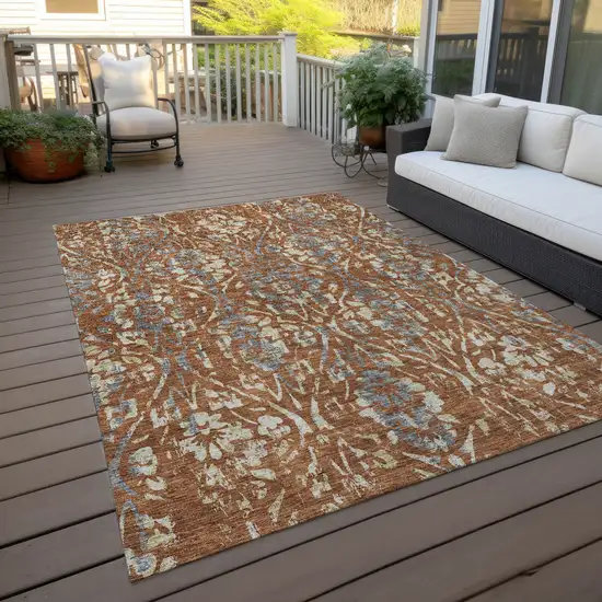 Orange Ivory And Dark Gray Floral Washable Indoor Outdoor Area Rug Photo 9