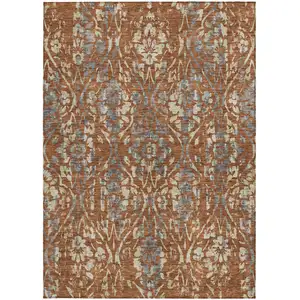 Photo of Orange Ivory And Dark Gray Floral Washable Indoor Outdoor Area Rug