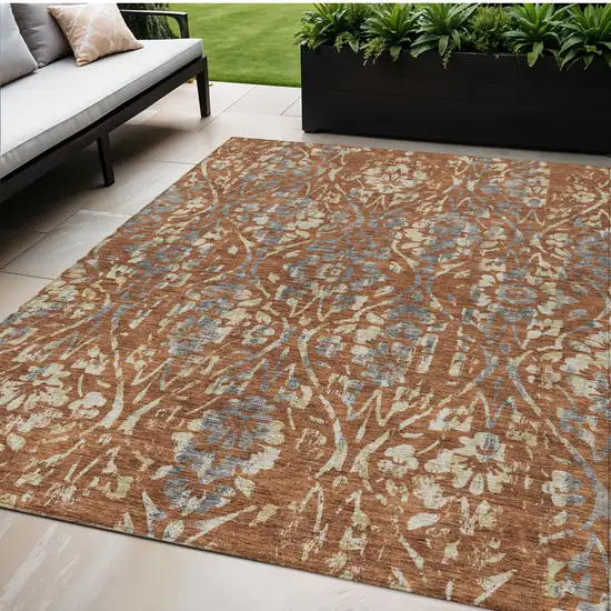 Orange Ivory And Dark Gray Floral Washable Indoor Outdoor Area Rug Photo 1