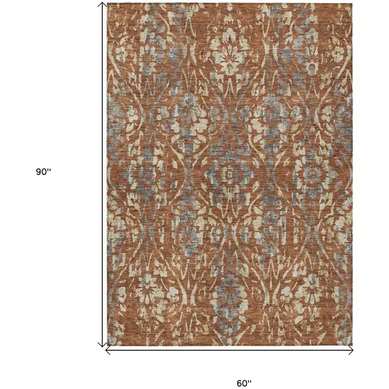 Orange Ivory And Dark Gray Floral Washable Indoor Outdoor Area Rug Photo 3