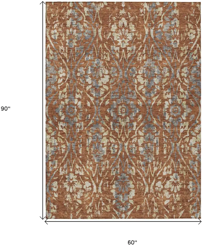 Orange Ivory And Dark Gray Floral Washable Indoor Outdoor Area Rug Photo 3
