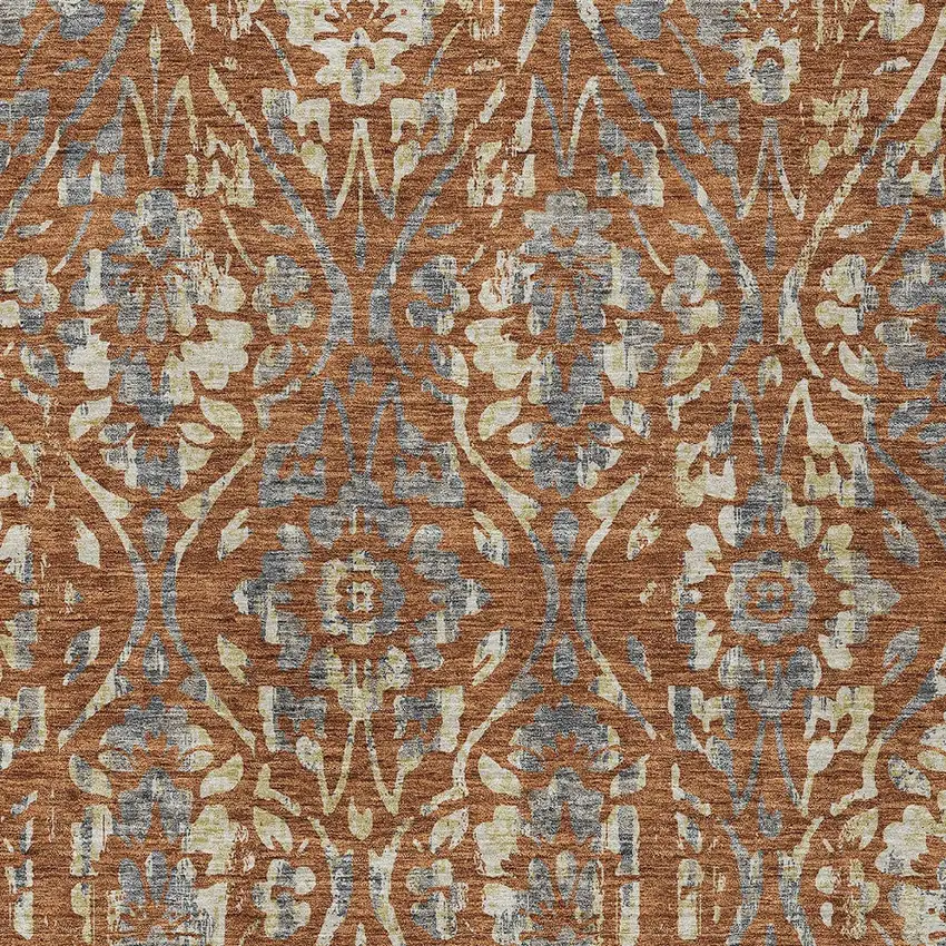 Orange Ivory And Dark Gray Floral Washable Indoor Outdoor Area Rug Photo 7