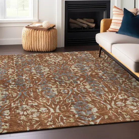 Orange Ivory And Dark Gray Floral Washable Indoor Outdoor Area Rug Photo 8