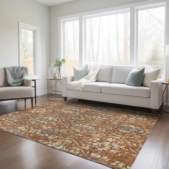 Orange Ivory And Dark Gray Floral Washable Indoor Outdoor Area Rug Photo 9