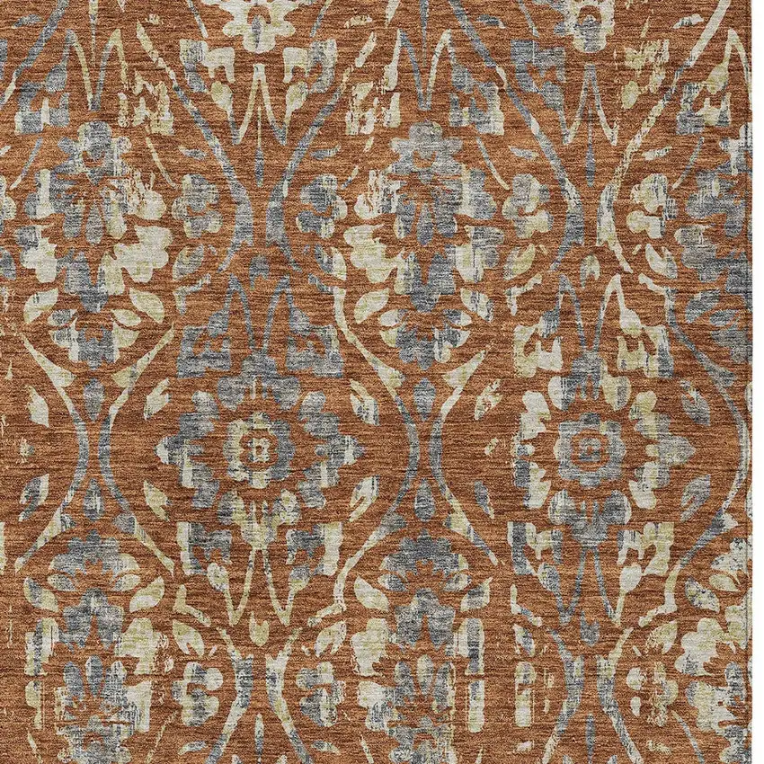 Orange Ivory And Dark Gray Floral Washable Indoor Outdoor Area Rug Photo 5