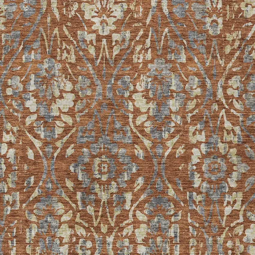 Orange Ivory And Dark Gray Floral Washable Indoor Outdoor Area Rug Photo 7