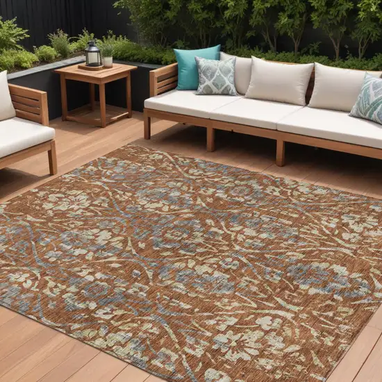 Orange Ivory And Dark Gray Floral Washable Indoor Outdoor Area Rug Photo 1