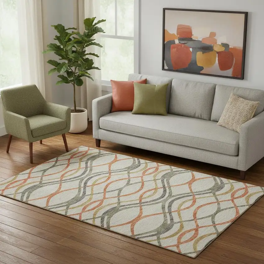 Orange Ivory And Gold Abstract Washable Area Rug With UV Protection Photo 1
