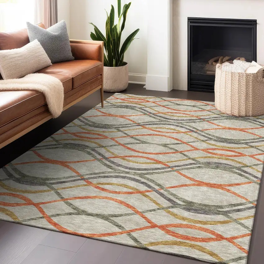 Orange Ivory And Gold Abstract Washable Area Rug With UV Protection Photo 5