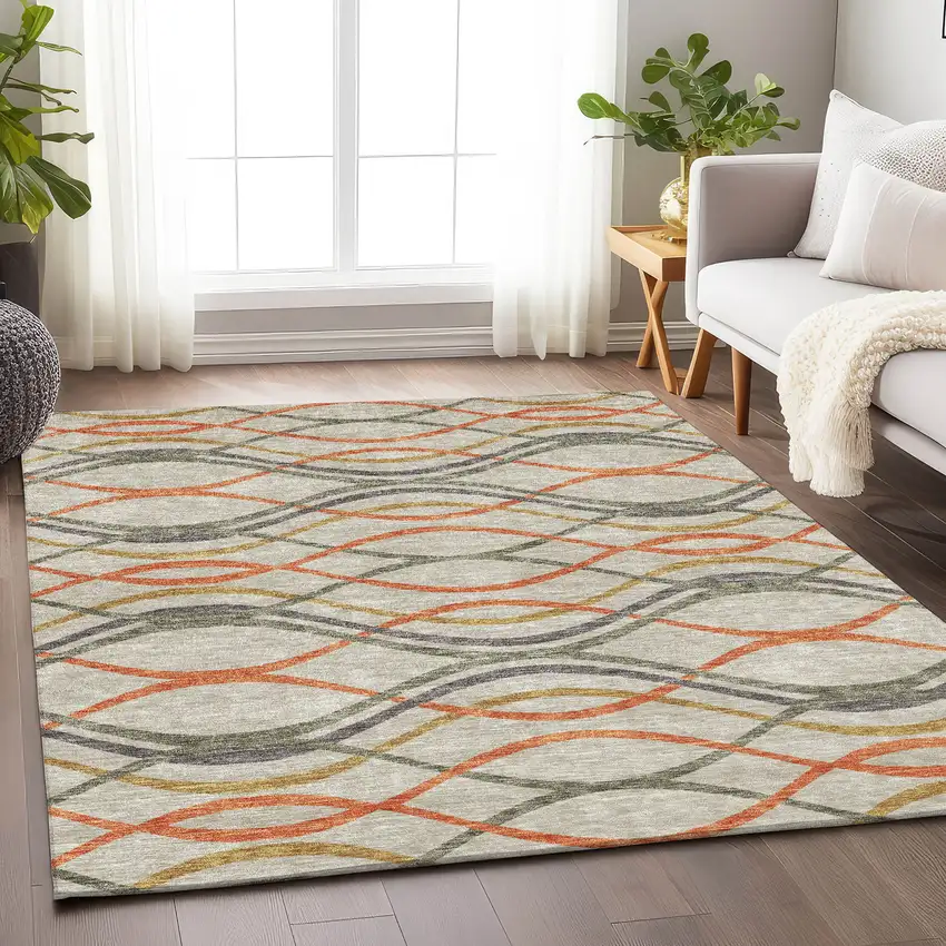 Orange Ivory And Gold Abstract Washable Area Rug With UV Protection Photo 4