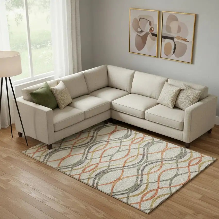 Orange Ivory And Gold Abstract Washable Area Rug With UV Protection Photo 1