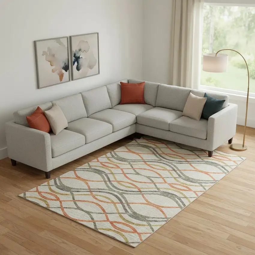 Orange Ivory And Gold Abstract Washable Area Rug With UV Protection Photo 1