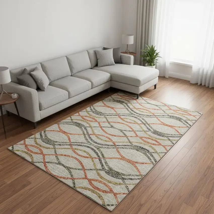 Orange Ivory And Gold Abstract Washable Area Rug With UV Protection Photo 2