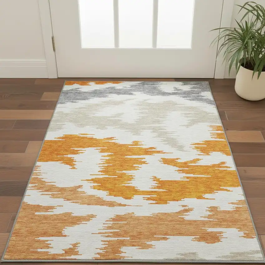 Orange Ivory And Gray Abstract Washable Area Rug With UV Protection Photo 2