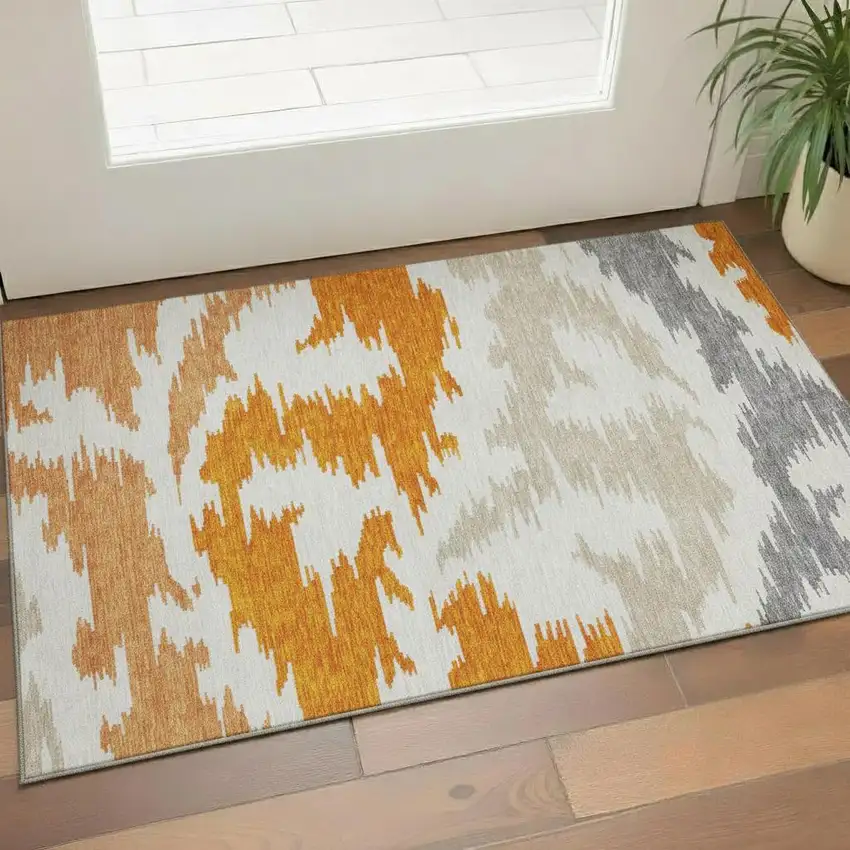 Orange Ivory And Gray Abstract Washable Area Rug With UV Protection Photo 1