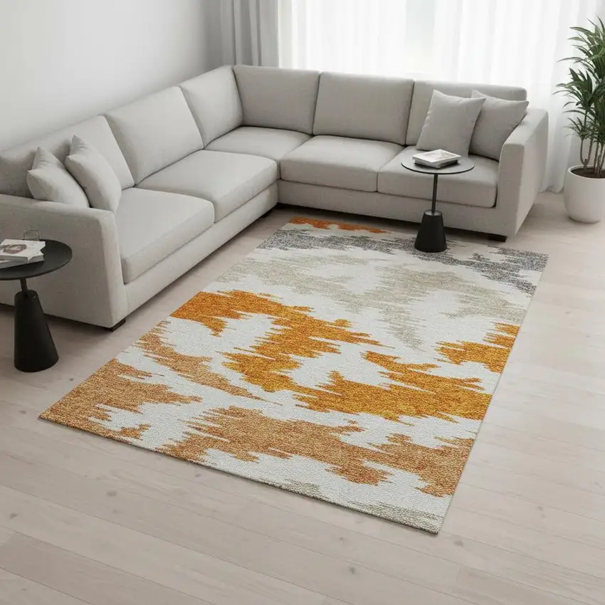 Orange Ivory And Gray Abstract Washable Area Rug With UV Protection Photo 2