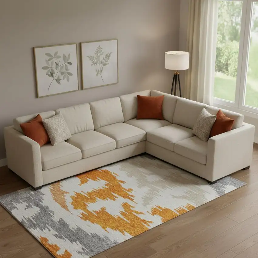 Orange Ivory And Gray Abstract Washable Area Rug With UV Protection Photo 1