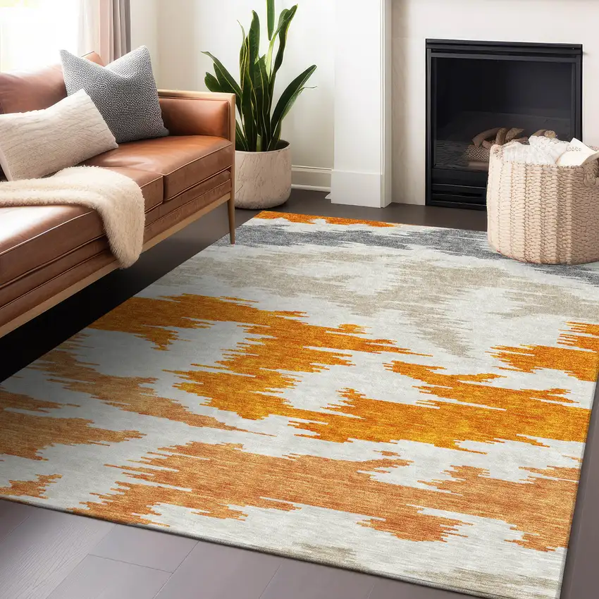 Orange Ivory And Gray Abstract Washable Area Rug With UV Protection Photo 6