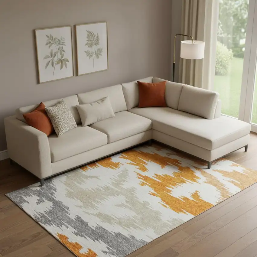 Orange Ivory And Gray Abstract Washable Area Rug With UV Protection Photo 1