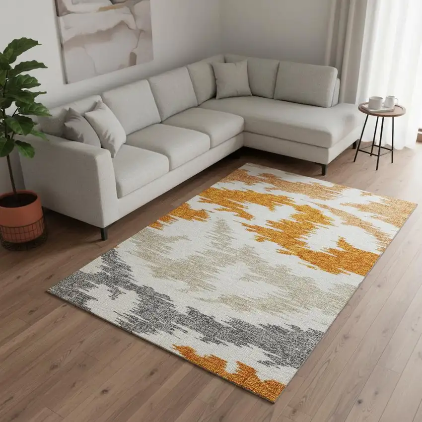 Orange Ivory And Gray Abstract Washable Area Rug With UV Protection Photo 2