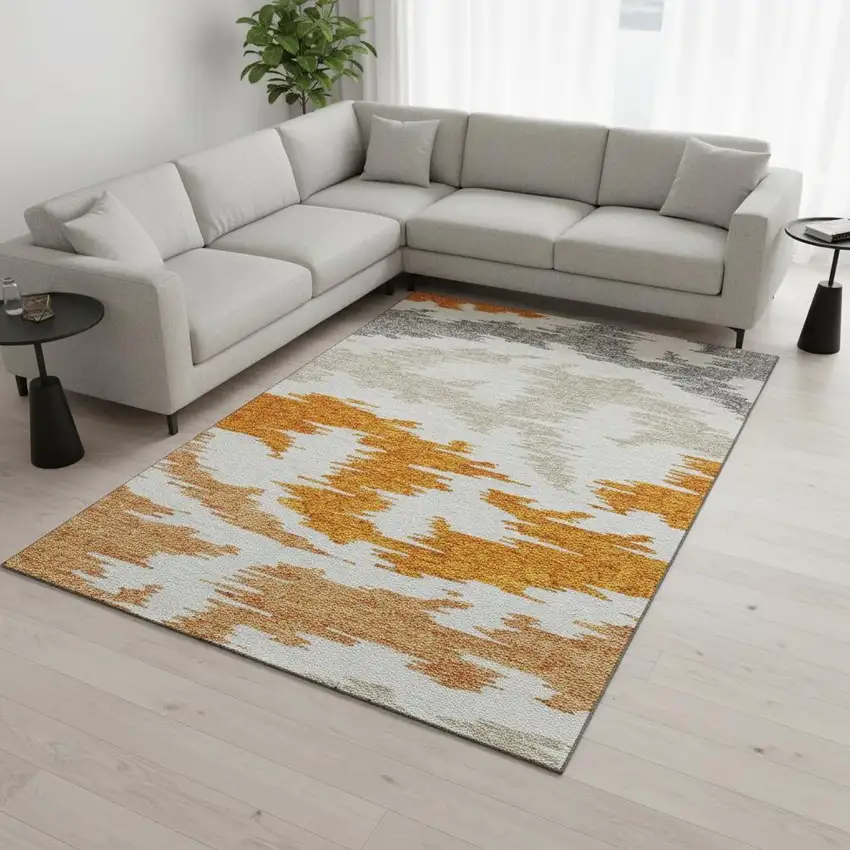 Orange Ivory And Gray Abstract Washable Area Rug With UV Protection Photo 2