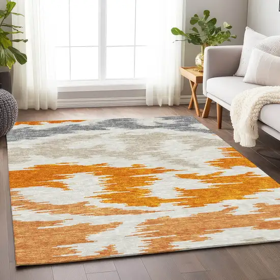 Orange Ivory And Gray Abstract Washable Area Rug With UV Protection Photo 5