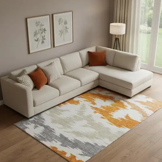 Orange Ivory And Gray Abstract Washable Area Rug With UV Protection Photo 1
