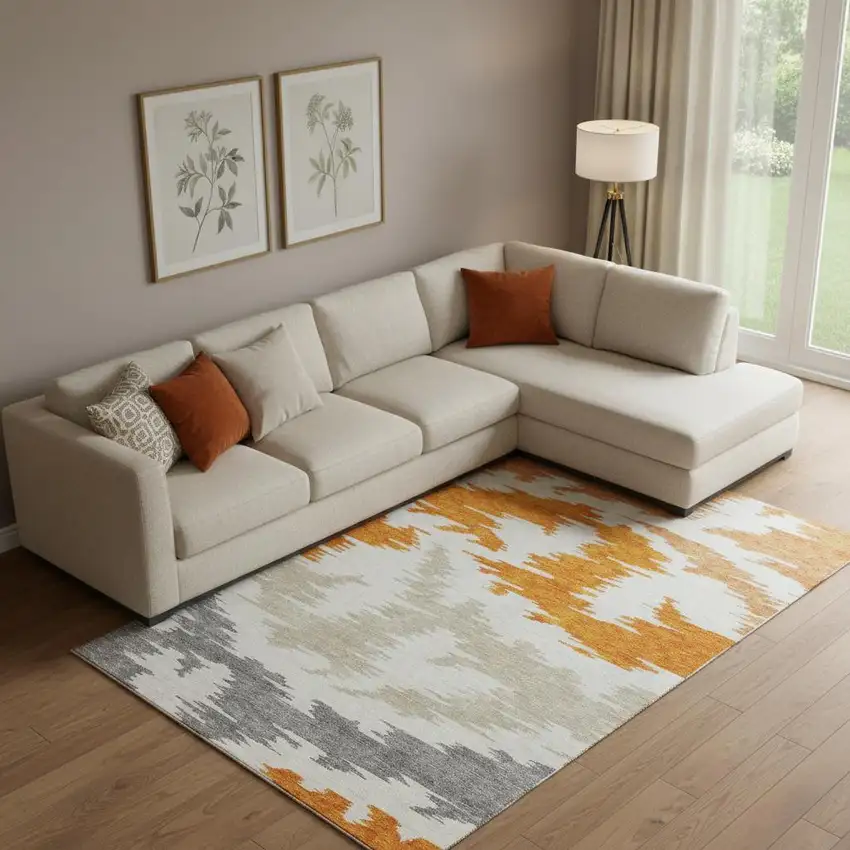 Orange Ivory And Gray Abstract Washable Area Rug With UV Protection Photo 1