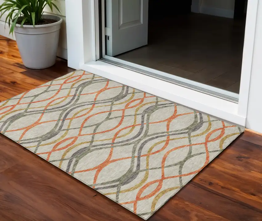 Orange Ivory And Gray Abstract Washable Indoor Outdoor Area Rug Photo 1