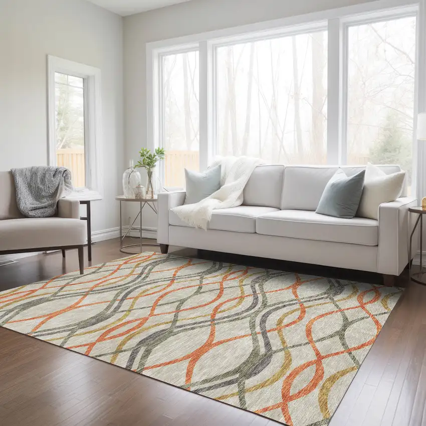 Orange Ivory And Gray Abstract Washable Indoor Outdoor Area Rug Photo 9