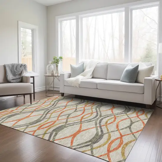 Orange Ivory And Gray Abstract Washable Indoor Outdoor Area Rug Photo 9
