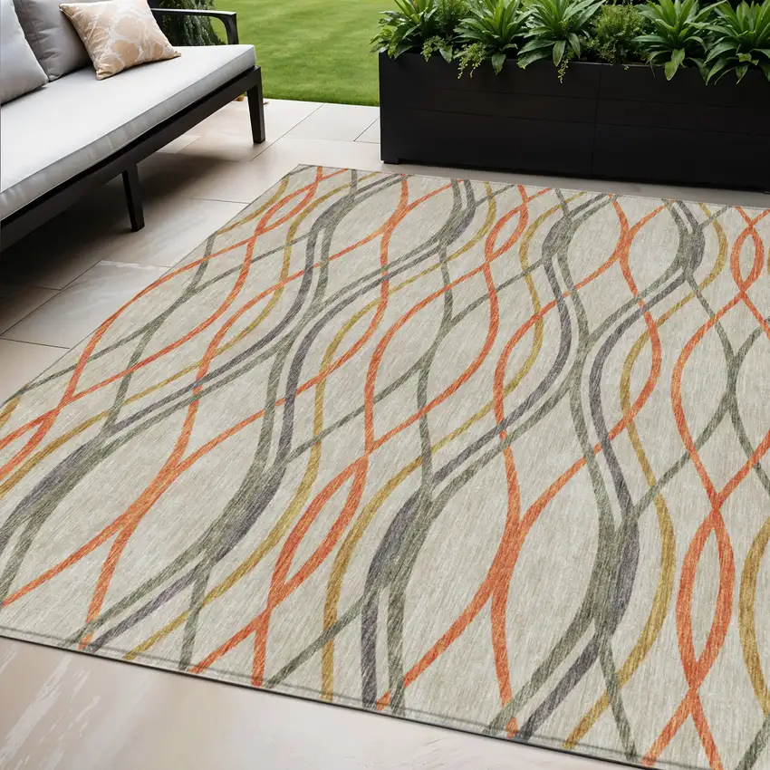 Orange Ivory And Gray Abstract Washable Indoor Outdoor Area Rug Photo 1