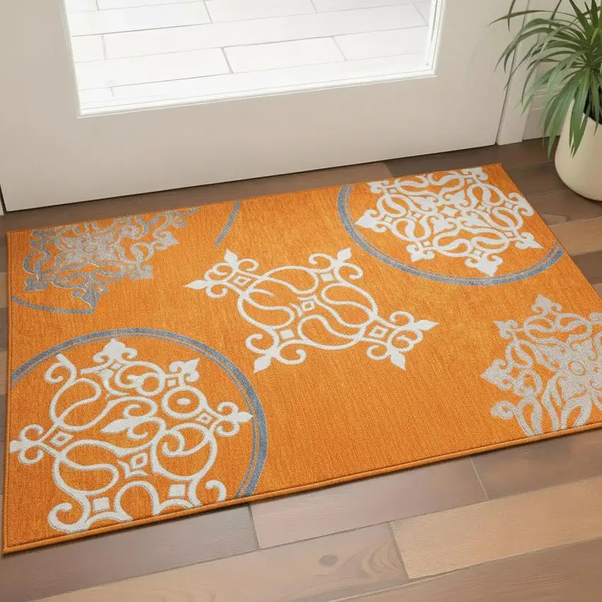 Orange Ivory And Gray Floral Medallion Washable Area Rug With UV Protection Photo 2