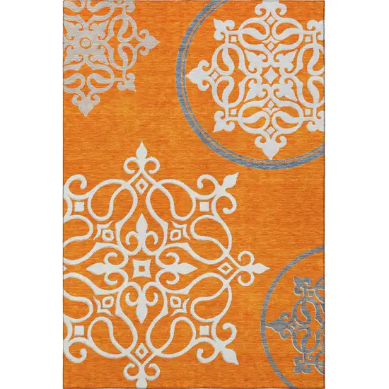 Orange Ivory And Gray Floral Medallion Washable Area Rug With UV Protection Photo 4
