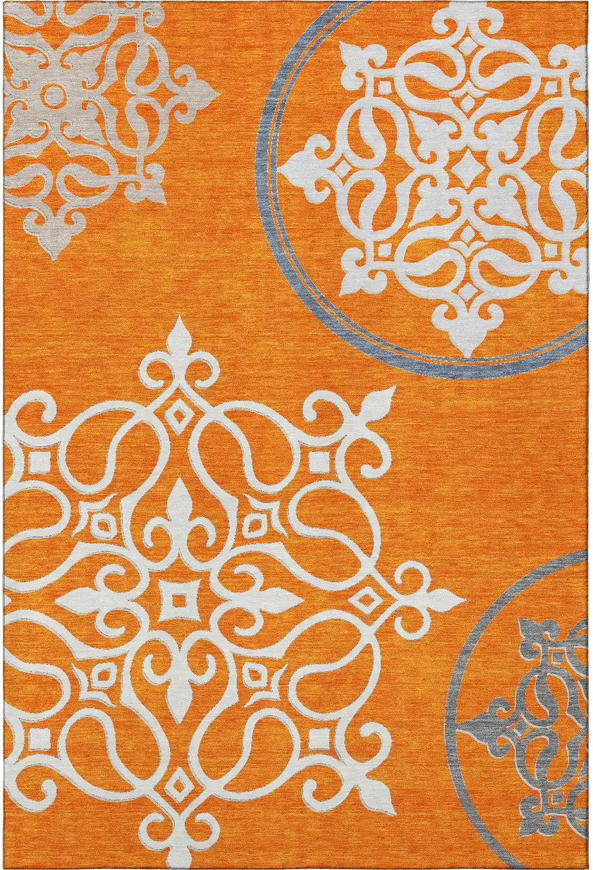 Orange Ivory And Gray Floral Medallion Washable Area Rug With UV Protection Photo 4