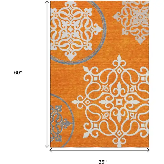 Orange Ivory And Gray Floral Medallion Washable Area Rug With UV Protection Photo 3