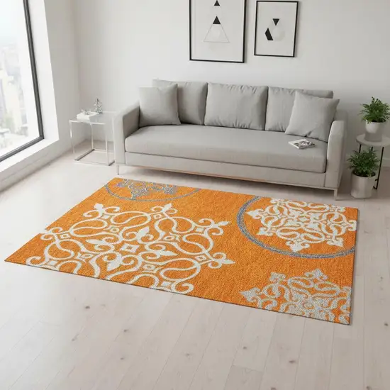 Orange Ivory And Gray Floral Medallion Washable Area Rug With UV Protection Photo 2