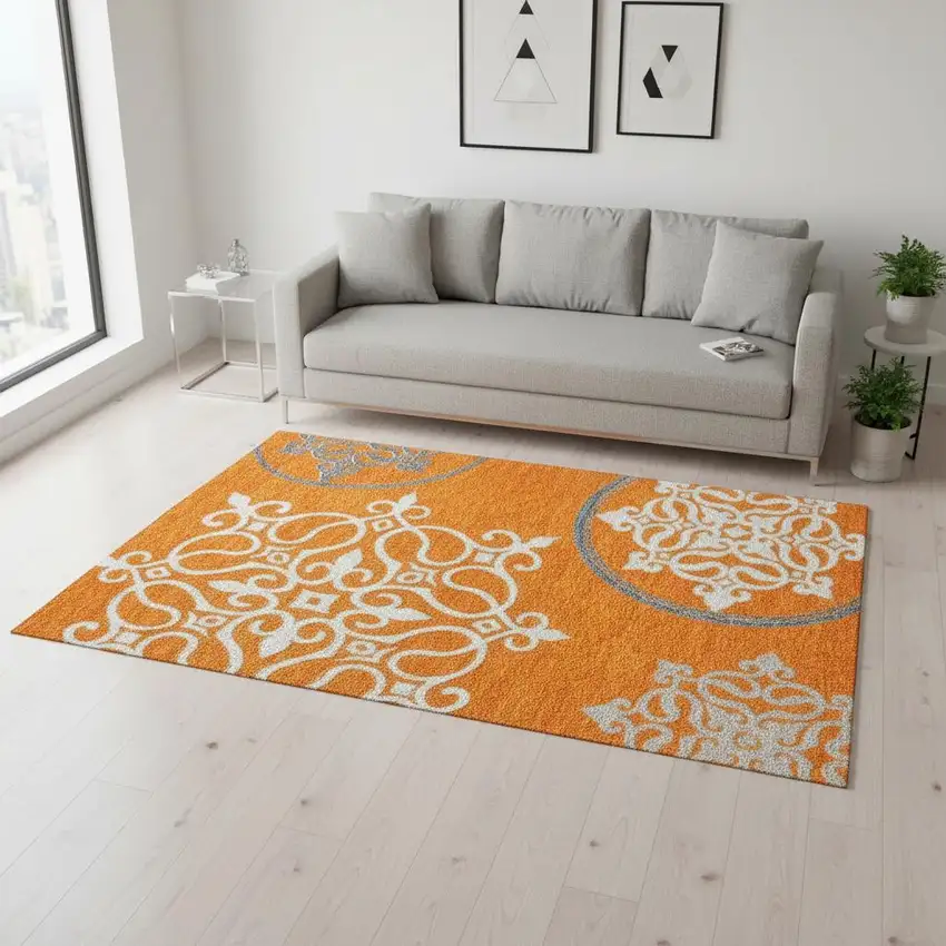Orange Ivory And Gray Floral Medallion Washable Area Rug With UV Protection Photo 2