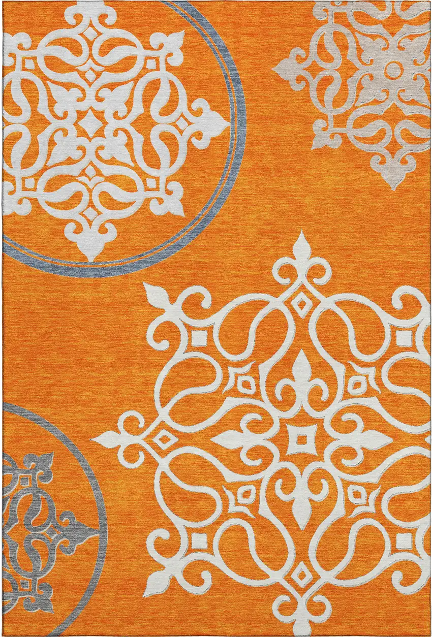 Orange Ivory And Gray Floral Medallion Washable Area Rug With UV Protection Photo 1