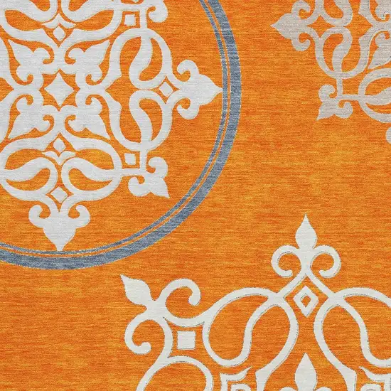 Orange Ivory And Gray Floral Medallion Washable Area Rug With UV Protection Photo 3