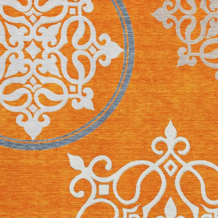Orange Ivory And Gray Floral Medallion Washable Area Rug With UV Protection Photo 3