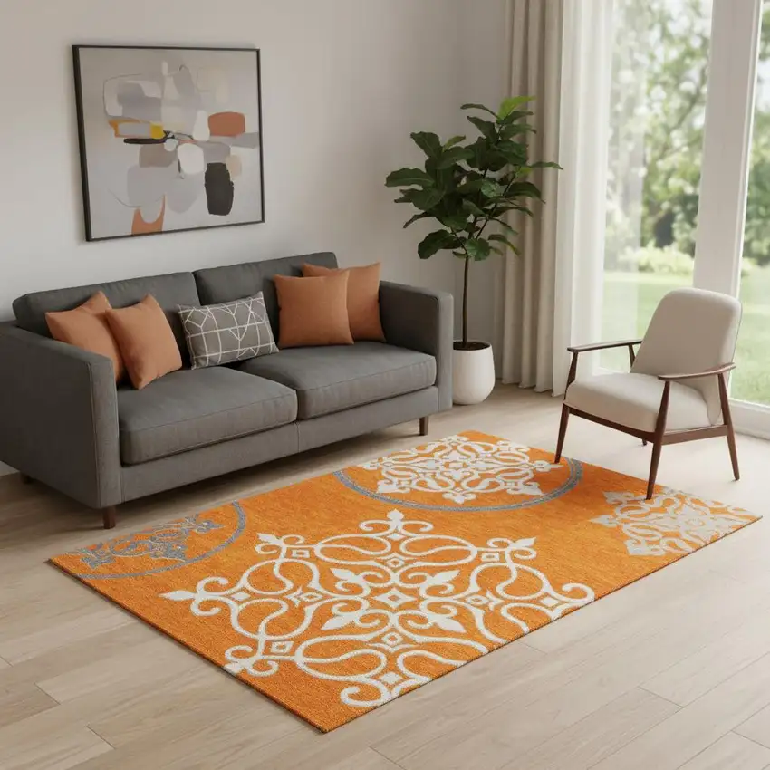 Orange Ivory And Gray Floral Medallion Washable Area Rug With UV Protection Photo 1