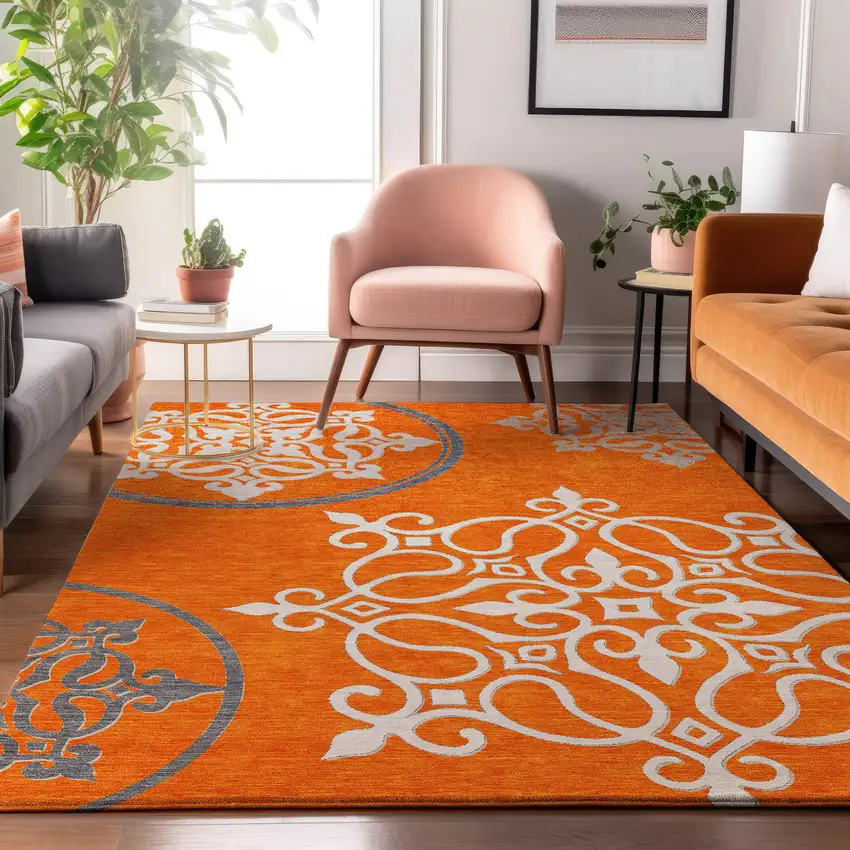 Orange Ivory And Gray Floral Medallion Washable Area Rug With UV Protection Photo 5