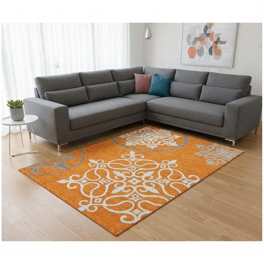 Orange Ivory And Gray Floral Medallion Washable Area Rug With UV Protection Photo 2