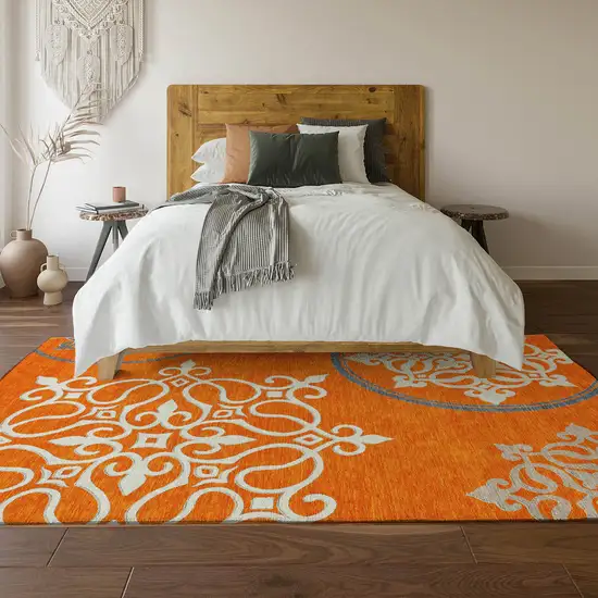 Orange Ivory And Gray Floral Medallion Washable Area Rug With UV Protection Photo 5