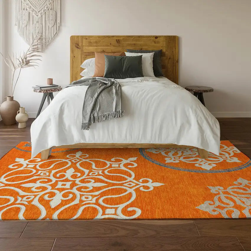 Orange Ivory And Gray Floral Medallion Washable Area Rug With UV Protection Photo 5