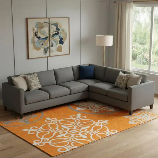 Orange Ivory And Gray Floral Medallion Washable Area Rug With UV Protection Photo 1